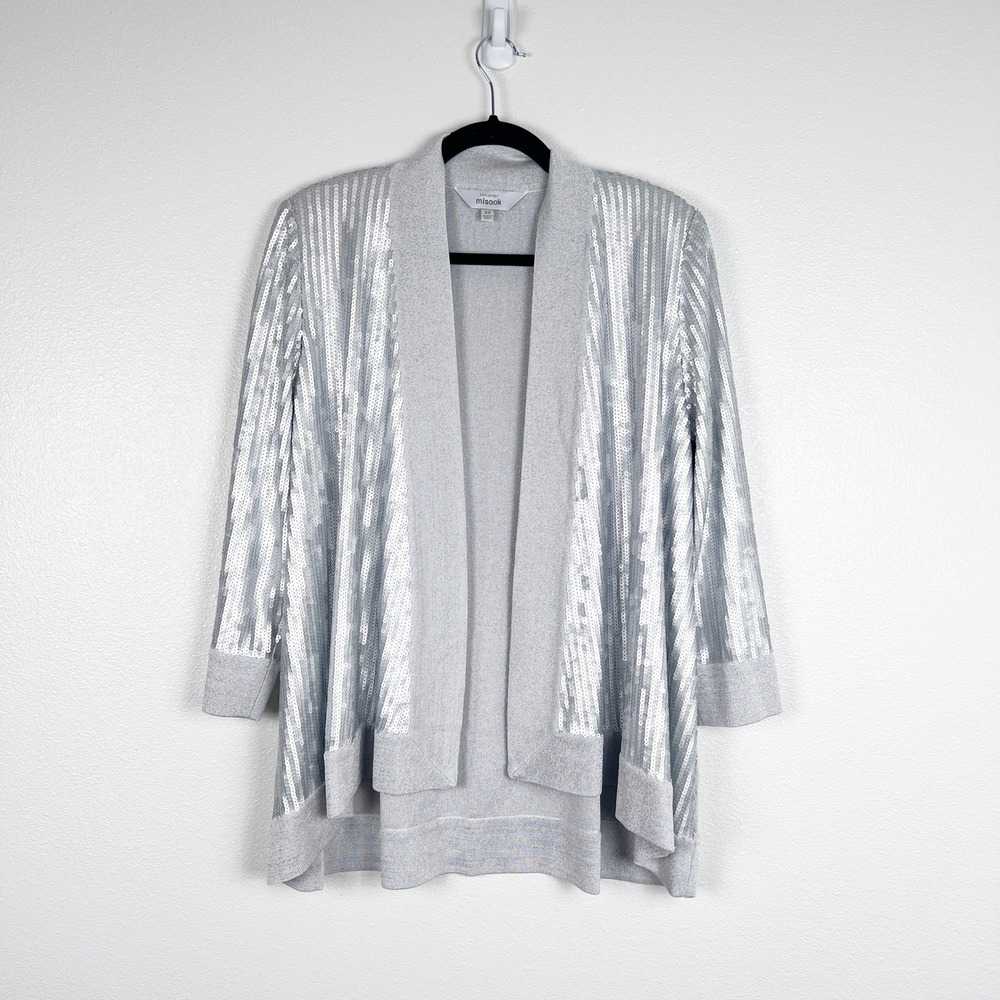 Misook Womens Sequin Metallic Cardigan Gray Silver Open Front XS Holiday